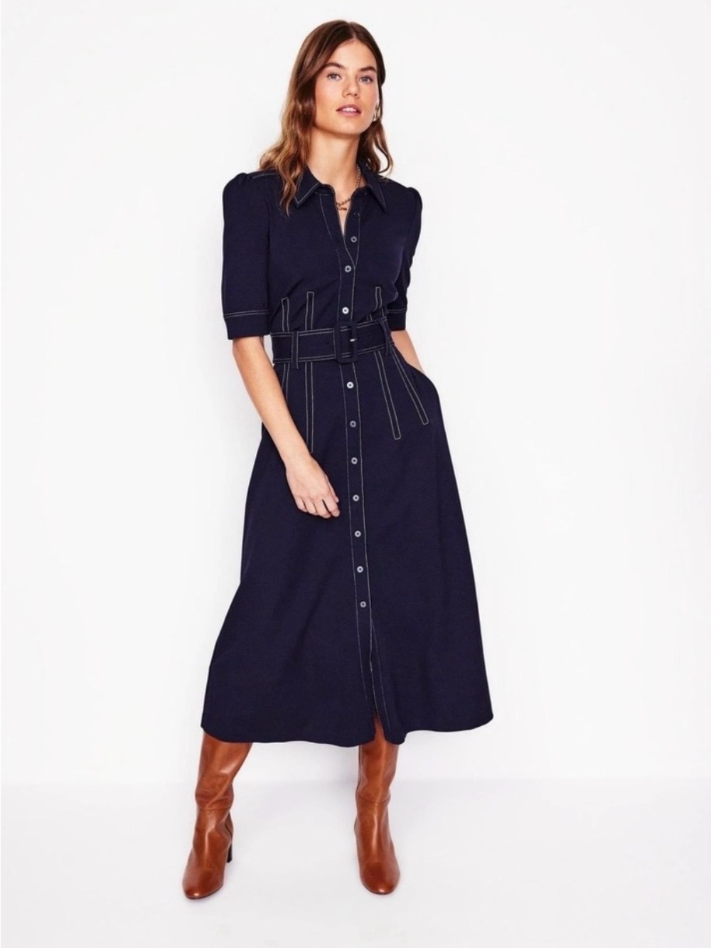 Boden Women’s Anita Ponte Shirt Midi Dress Navy White Stitch Size 16-18 Long NWT